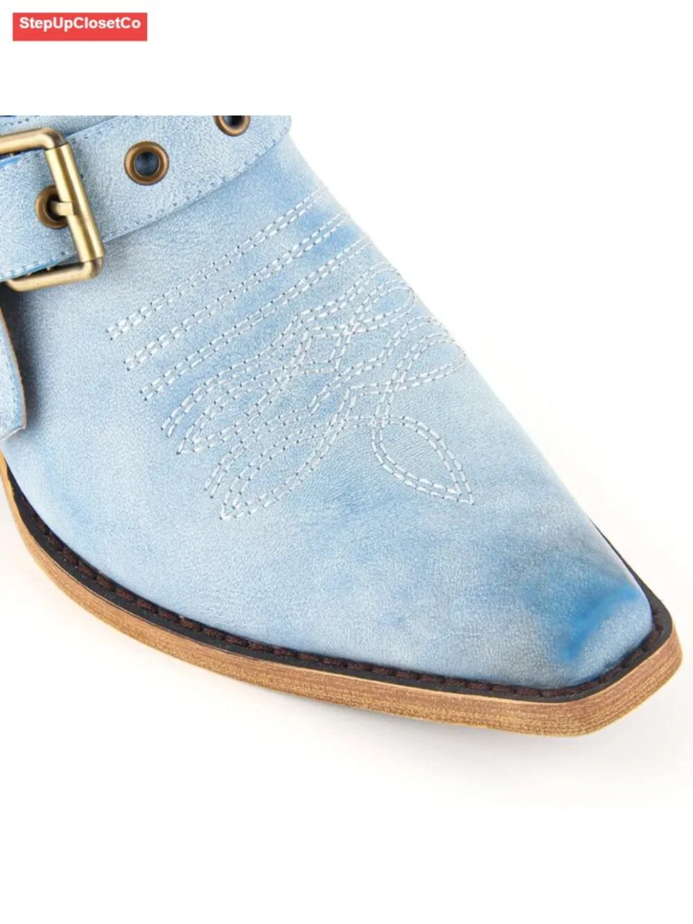 Western Ankle Boots Buckle Strap Chunky Heel Cowgirl Booties Pointed Toe